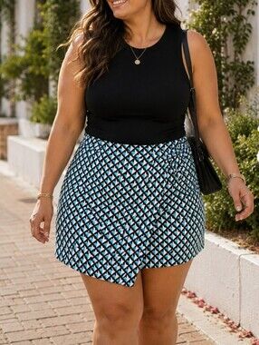 NWT Garcia Geometric Print Faux Wrap Knit Skirt Blue Black White Abstract Mini